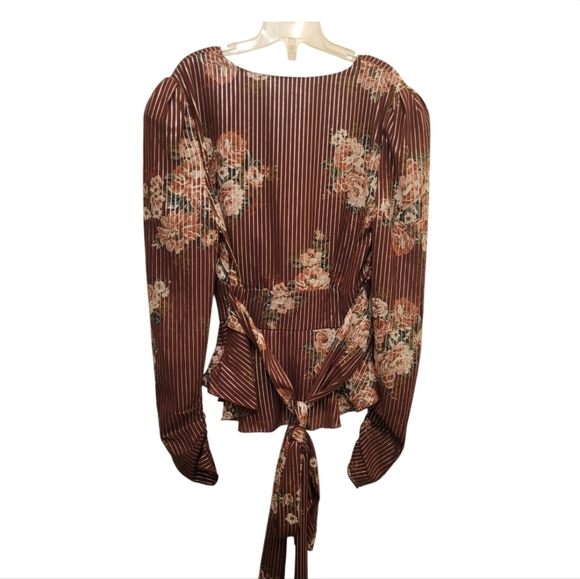 Wayf Cranberry Red Floral Silver Striped Long Sleeve Blouse Size Extra Small - Picture 3 of 16